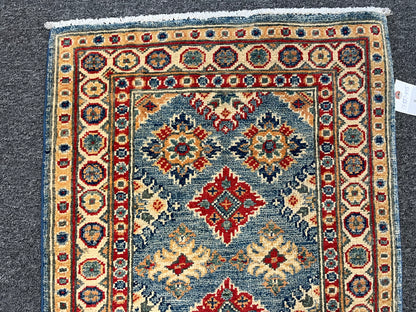 2X3 Blue Geometric Kazak Handmade Wool Rug # 13881