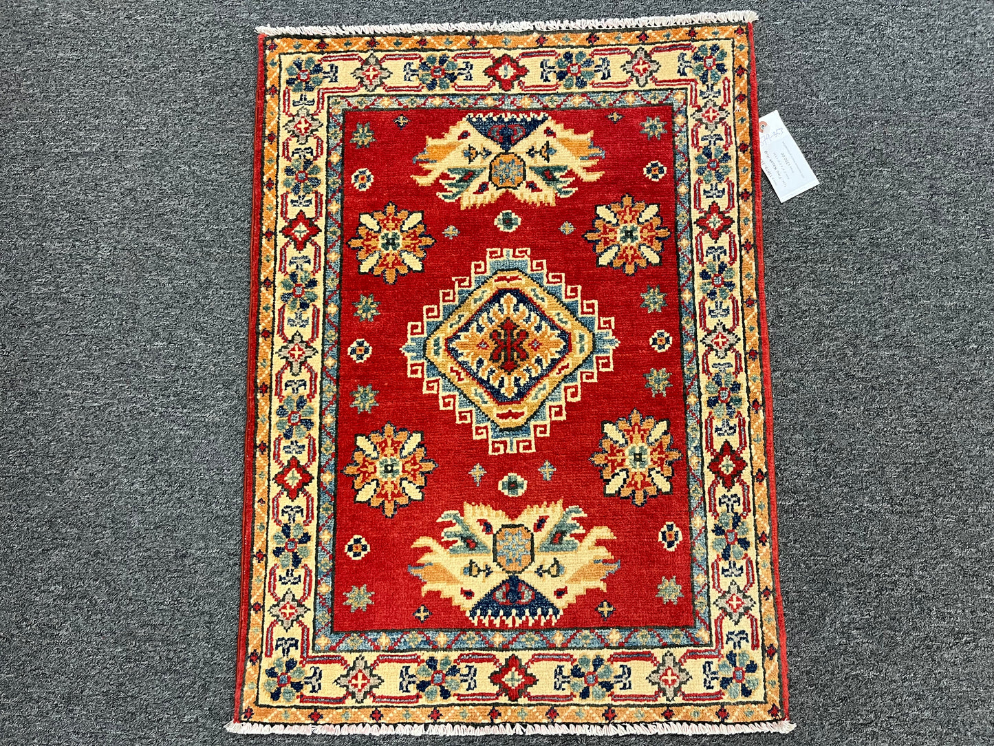 2X3 Red Geometric Kazak Handmade Wool Rug # 13879