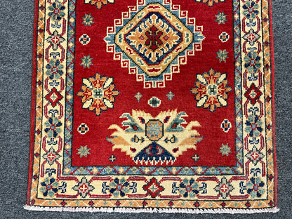 2X3 Red Geometric Kazak Handmade Wool Rug # 13879