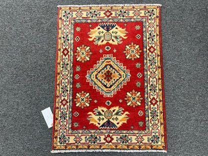 2X3 Red Geometric Kazak Handmade Wool Rug # 13879