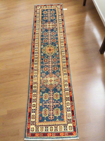 Runner Light Blue Kazak 2'4"X10' Handmade Wool Rug # 13914