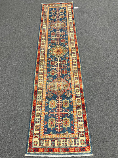 Runner Light Blue Kazak 2'4"X10' Handmade Wool Rug # 13914