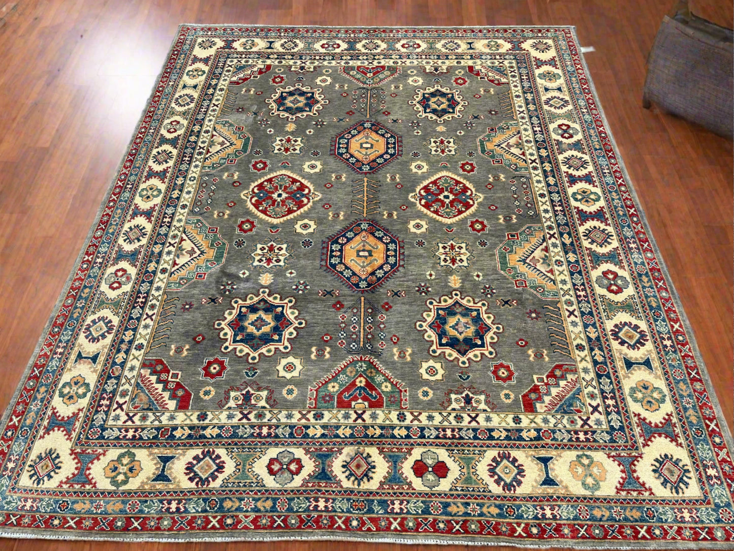 Gray Kazak Geometric 8X10 Handmade Wool Rug # 13662