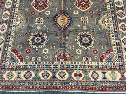 Gray Kazak Geometric 8X10 Handmade Wool Rug # 13662