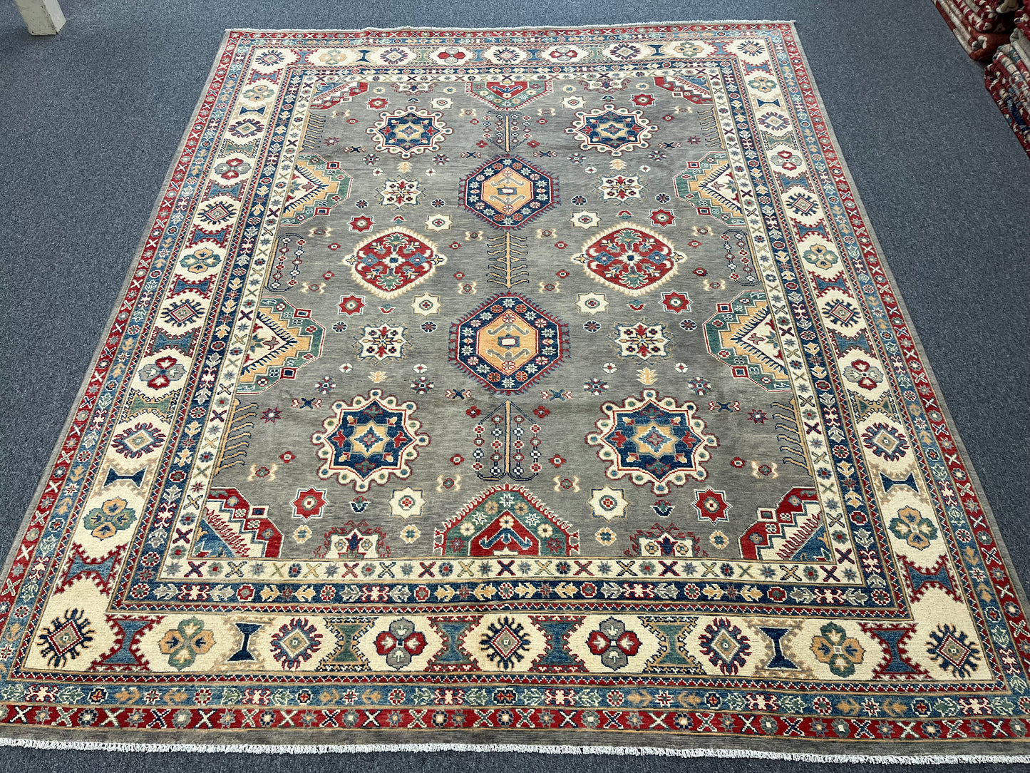 Gray Kazak Geometric 8X10 Handmade Wool Rug # 13662