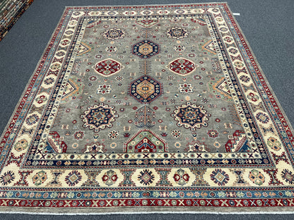 Gray Kazak Geometric 8X10 Handmade Wool Rug # 13720