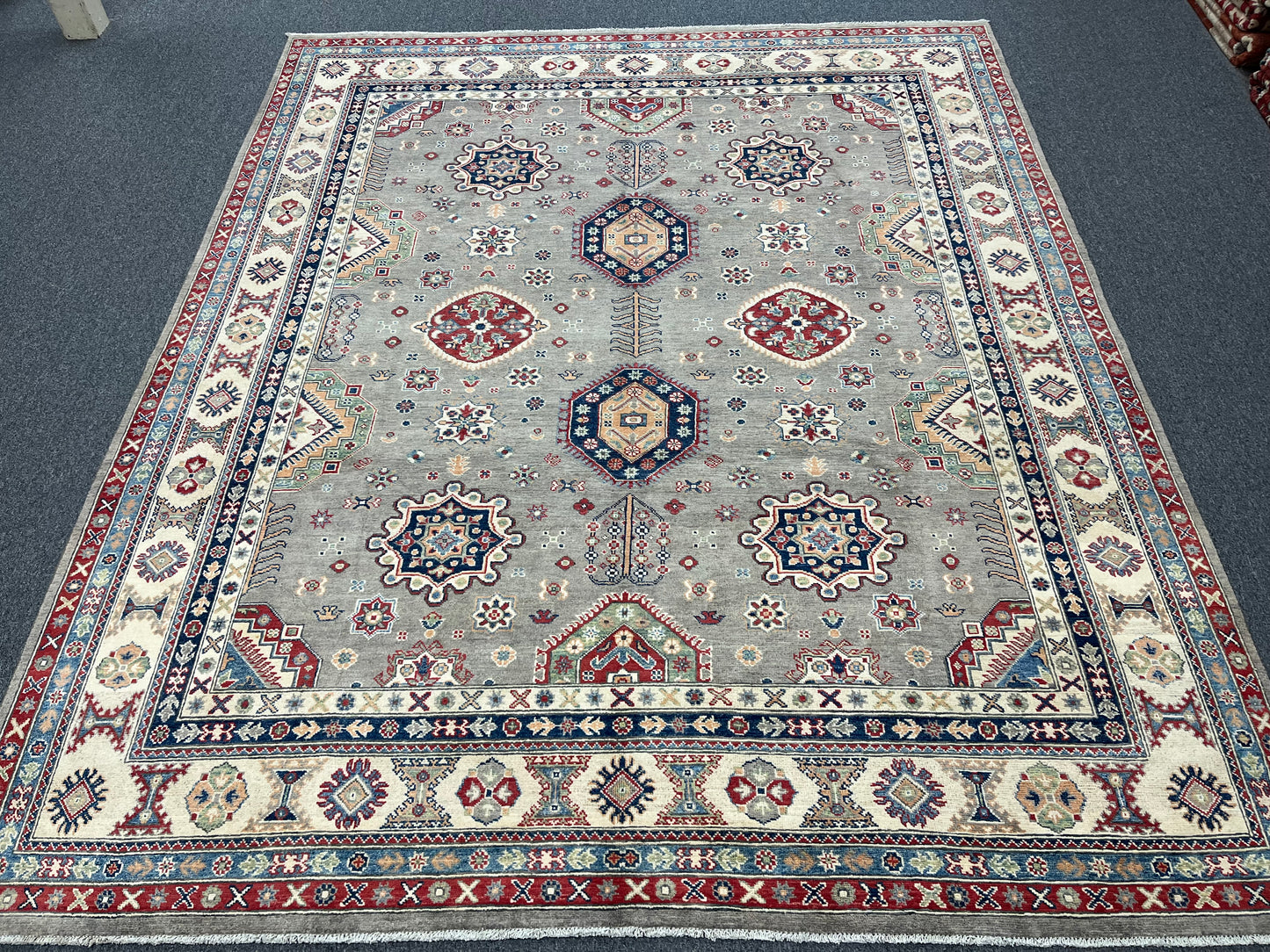 Gray Kazak Geometric 8X10 Handmade Wool Rug # 13720