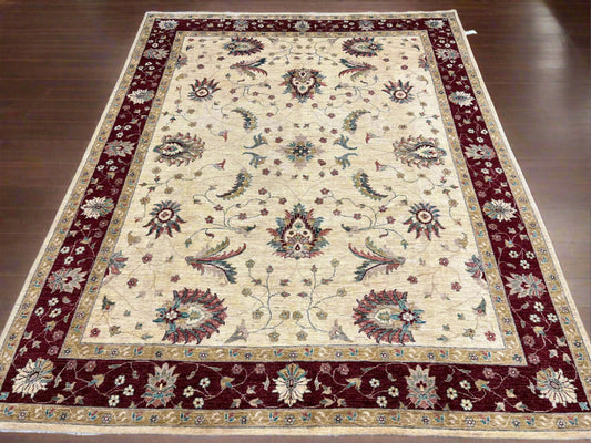 Ivory/Red Oushak Chobi 8X10 Handmade Wool Rug # 14211