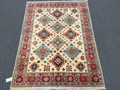 Kazak Beige/Red 5X7 Handmade Wool Rug # 13816