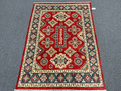 Kazak Geometric Red 5X7 Handmade Wool Rug # 13815