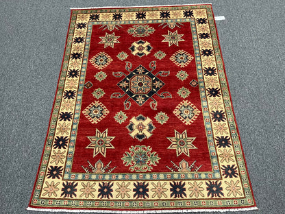 Kazak Geometric Red 5X7 Handmade Wool Rug # 13814