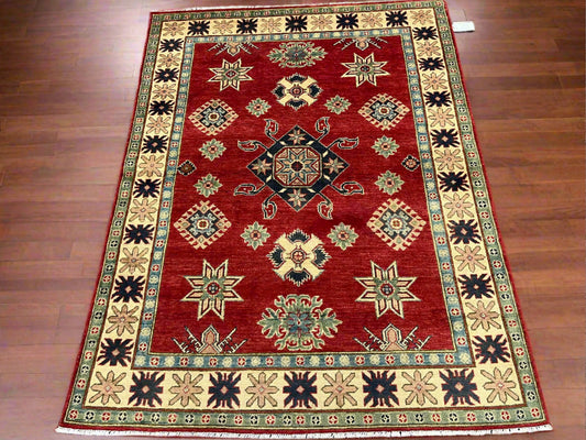 Kazak Geometric Red 5X7 Handmade Wool Rug # 13814