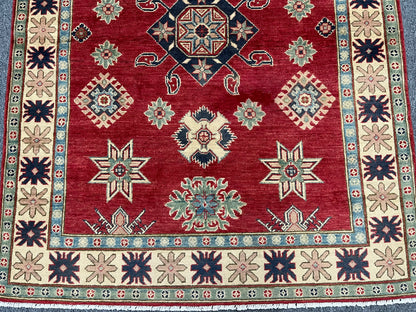 Kazak Geometric Red 5X7 Handmade Wool Rug # 13814