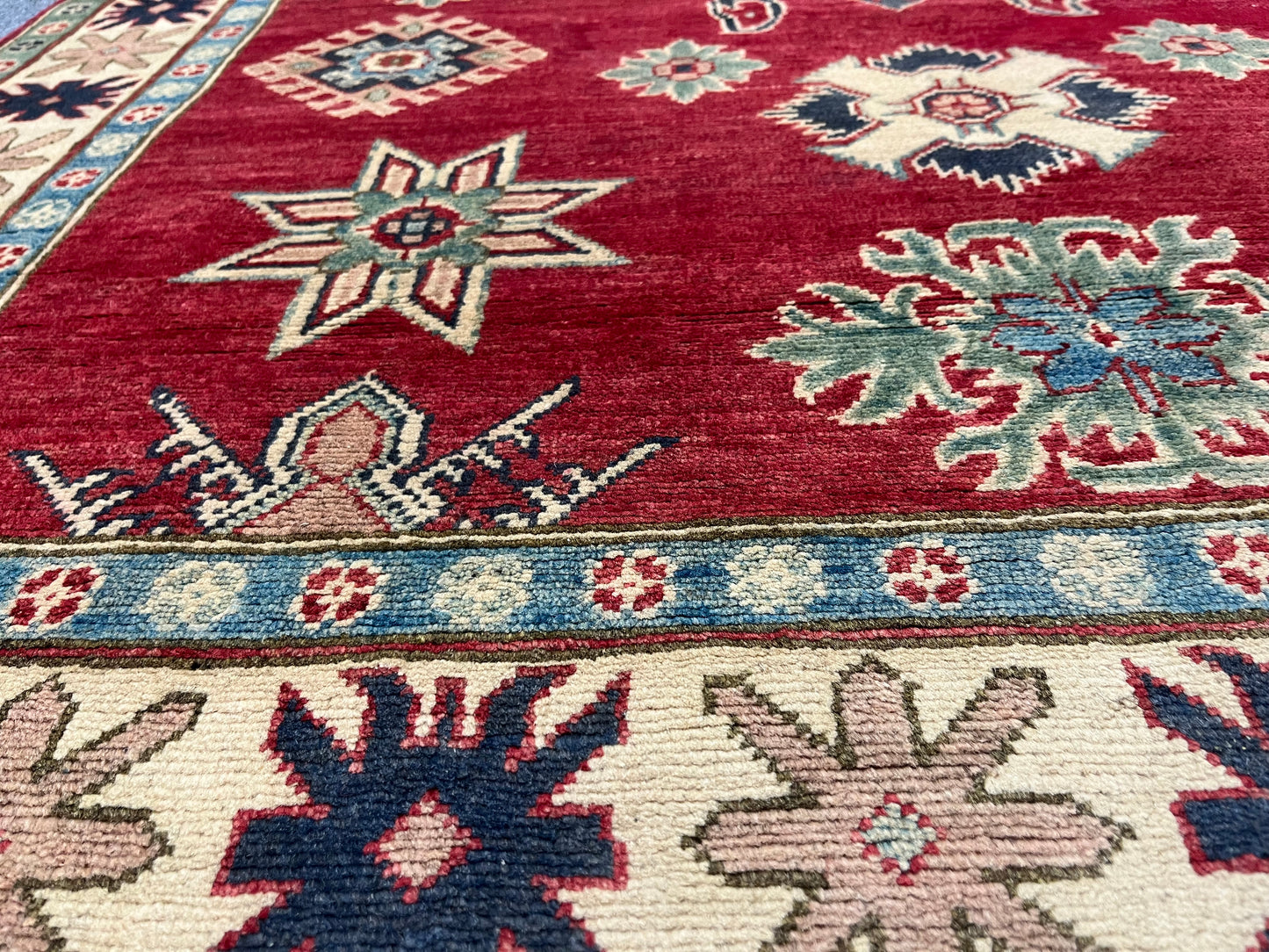 Kazak Geometric Red 5X7 Handmade Wool Rug # 13814