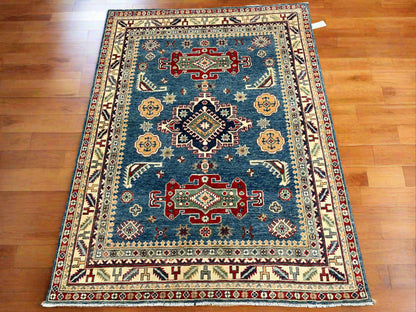 Light Blue Geometric Kazak 5X7 Handmade Wool Rug # 13612