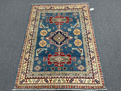 Light Blue Geometric Kazak 5X7 Handmade Wool Rug # 13612