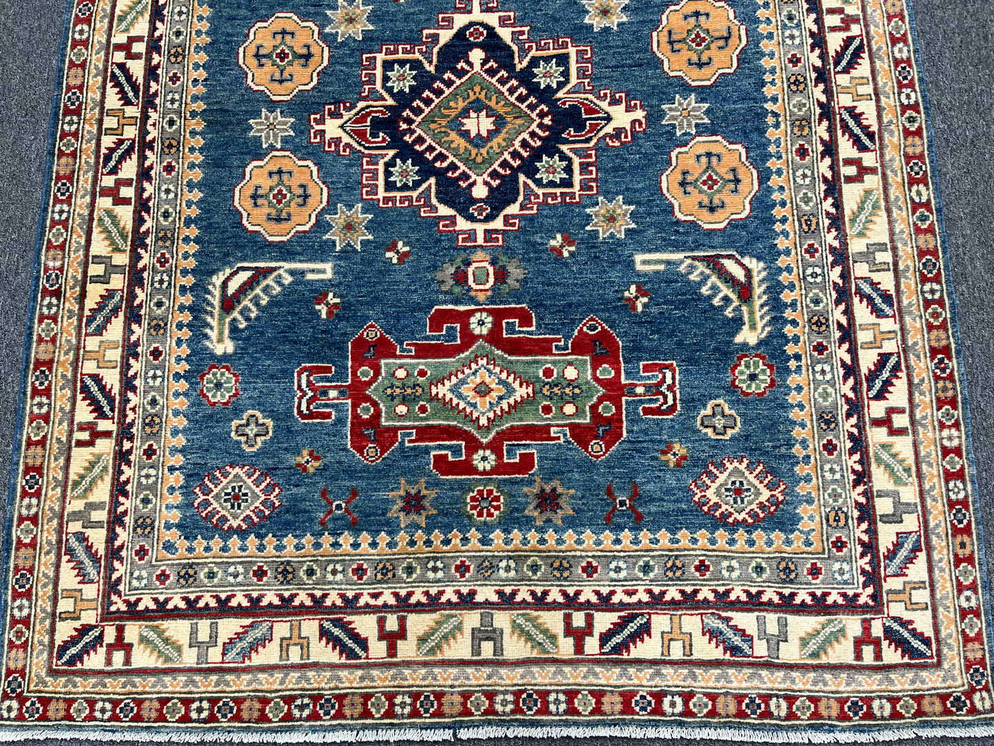 Light Blue Geometric Kazak 5X7 Handmade Wool Rug # 13612