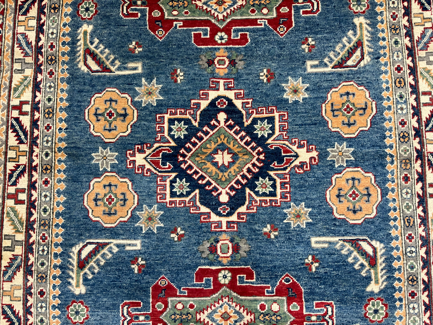 Light Blue Geometric Kazak 5X7 Handmade Wool Rug # 13612