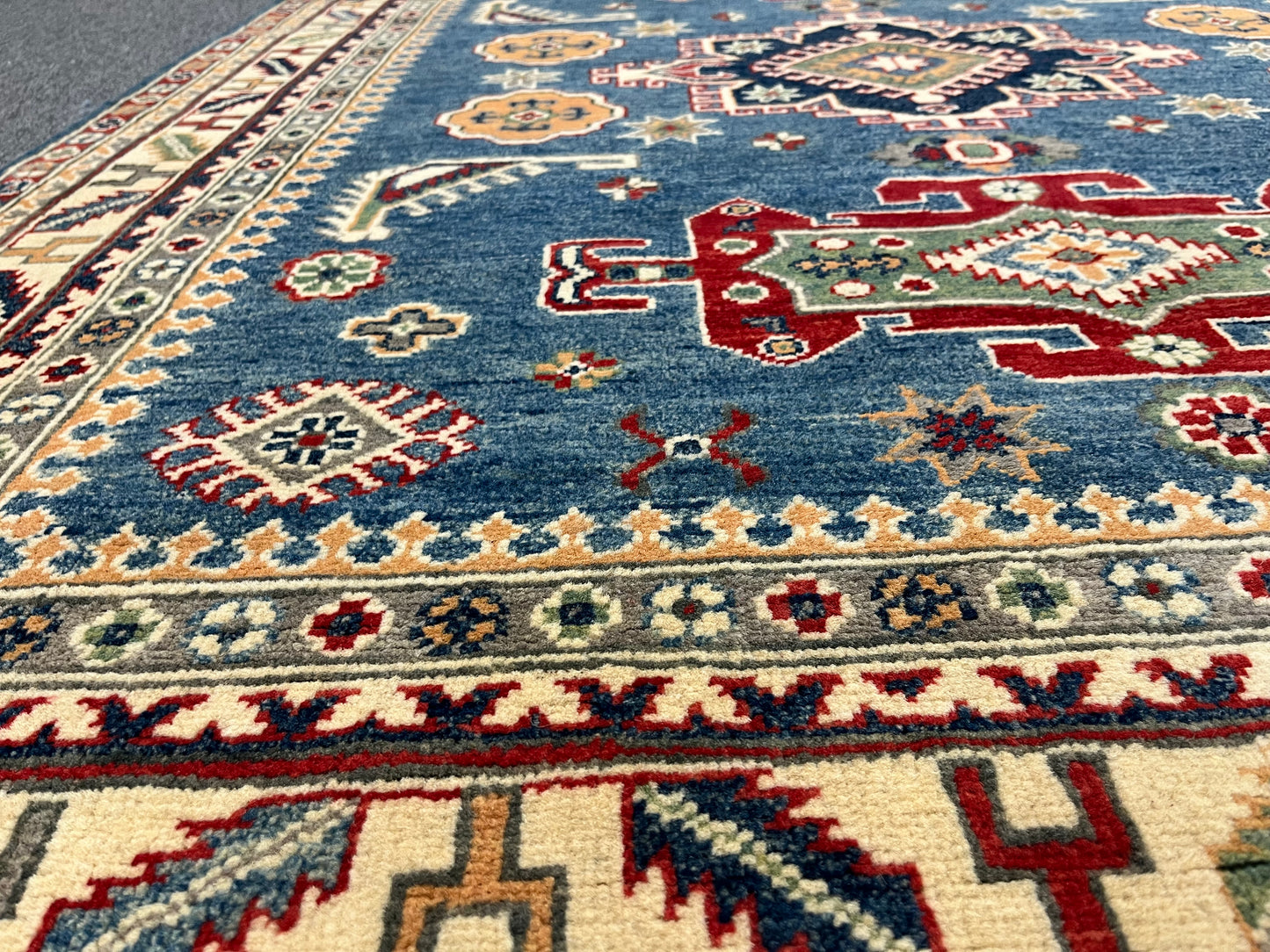 Light Blue Geometric Kazak 5X7 Handmade Wool Rug # 13612