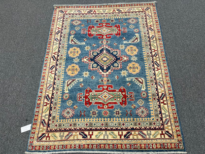 Light Blue Geometric Kazak 5X7 Handmade Wool Rug # 13612