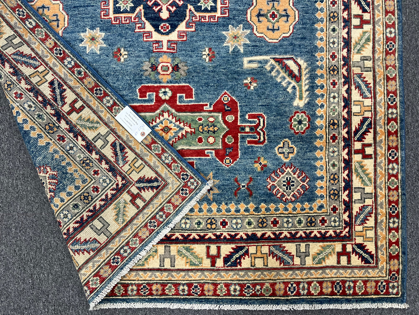 Light Blue Geometric Kazak 5X7 Handmade Wool Rug # 13612