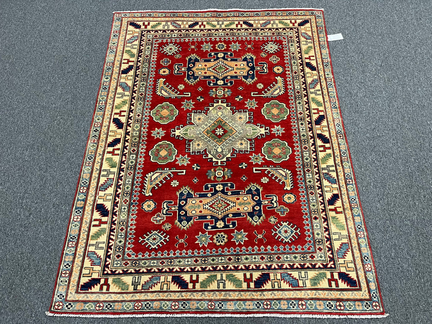 Red Geometric Kazak 5X7 Handmade Wool Rug # 13611