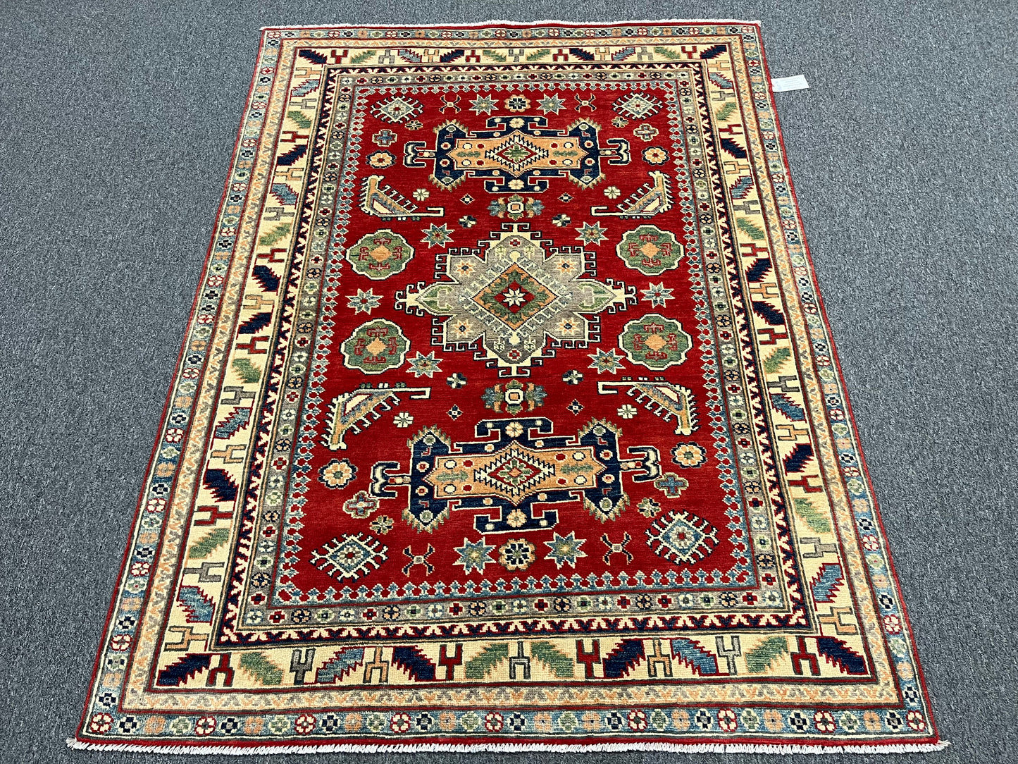 Red Geometric Kazak 5X7 Handmade Wool Rug # 13611