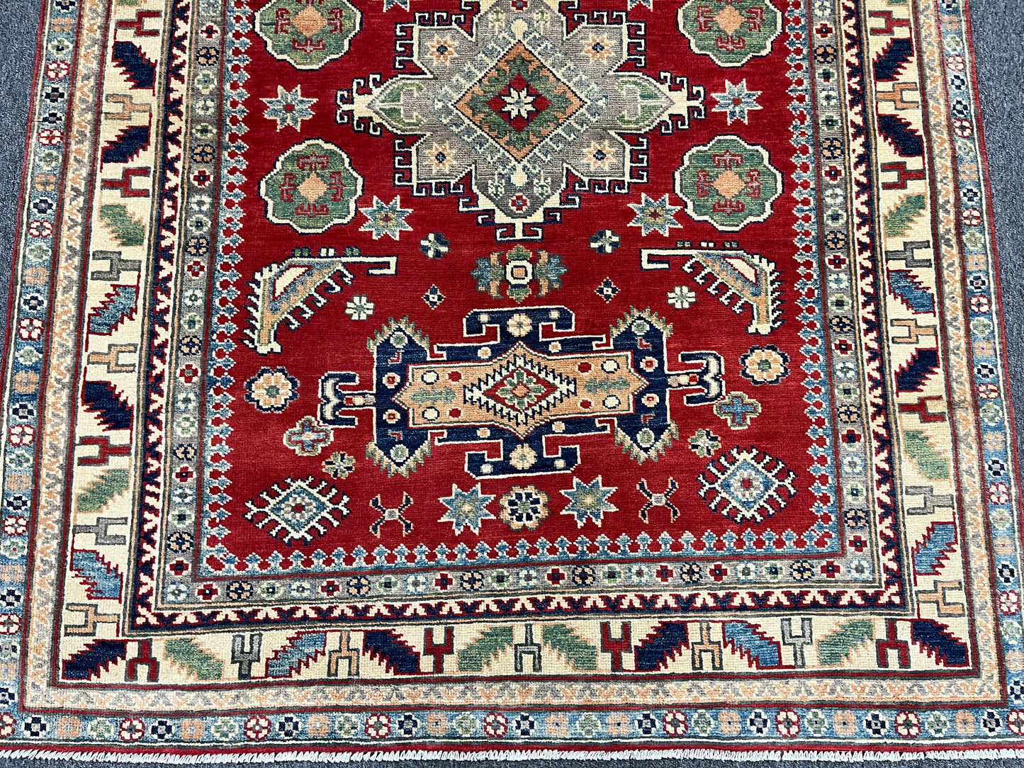 Red Geometric Kazak 5X7 Handmade Wool Rug # 13611