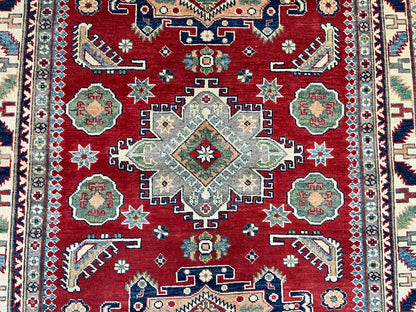 Red Geometric Kazak 5X7 Handmade Wool Rug # 13611