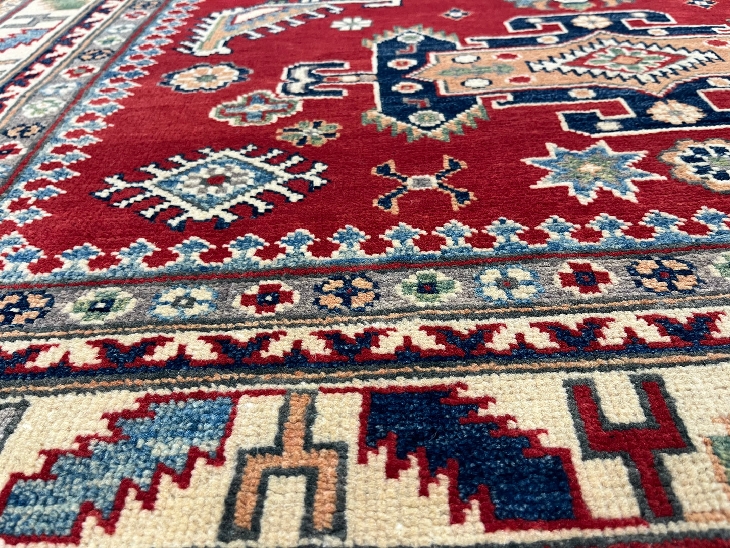 Red Geometric Kazak 5X7 Handmade Wool Rug # 13611