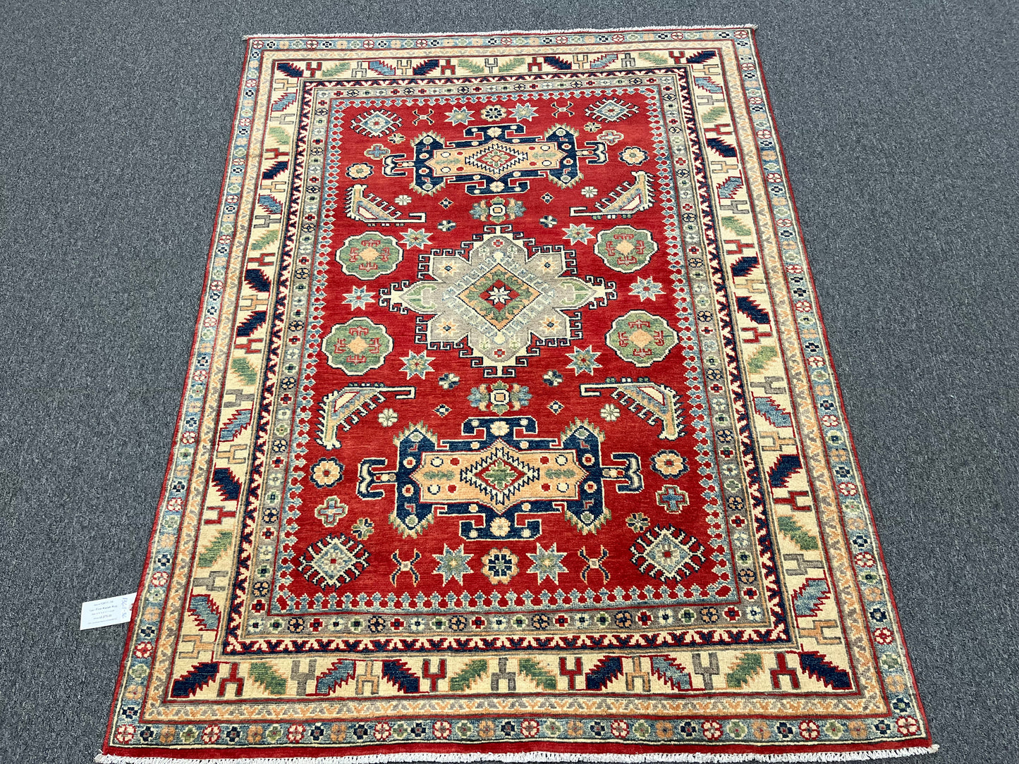 Red Geometric Kazak 5X7 Handmade Wool Rug # 13611