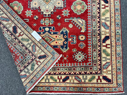 Red Geometric Kazak 5X7 Handmade Wool Rug # 13611