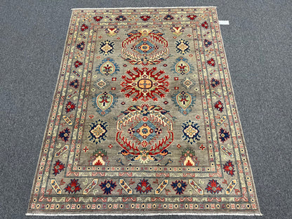 Gray Geometric Kazak 5X7 Handmade Wool Rug # 13608