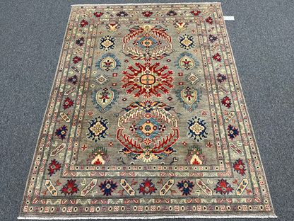 Gray Geometric Kazak 5X7 Handmade Wool Rug # 13608