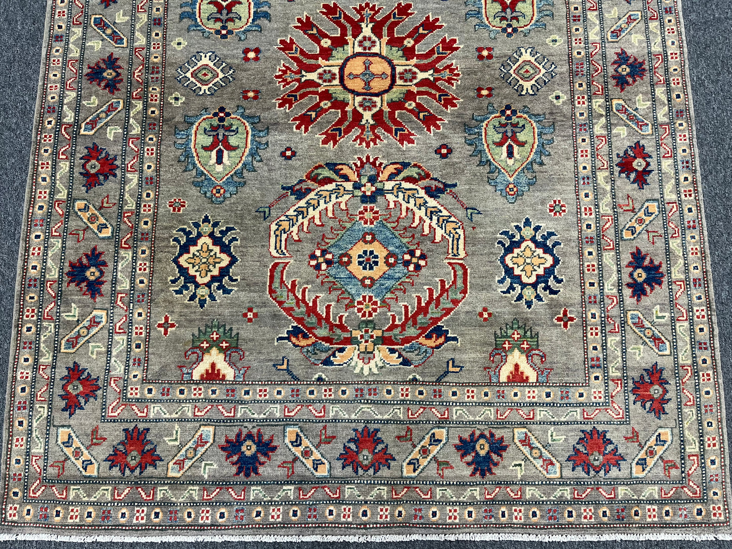 Gray Geometric Kazak 5X7 Handmade Wool Rug # 13608