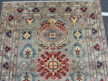 Gray Geometric Kazak 5X7 Handmade Wool Rug # 13608