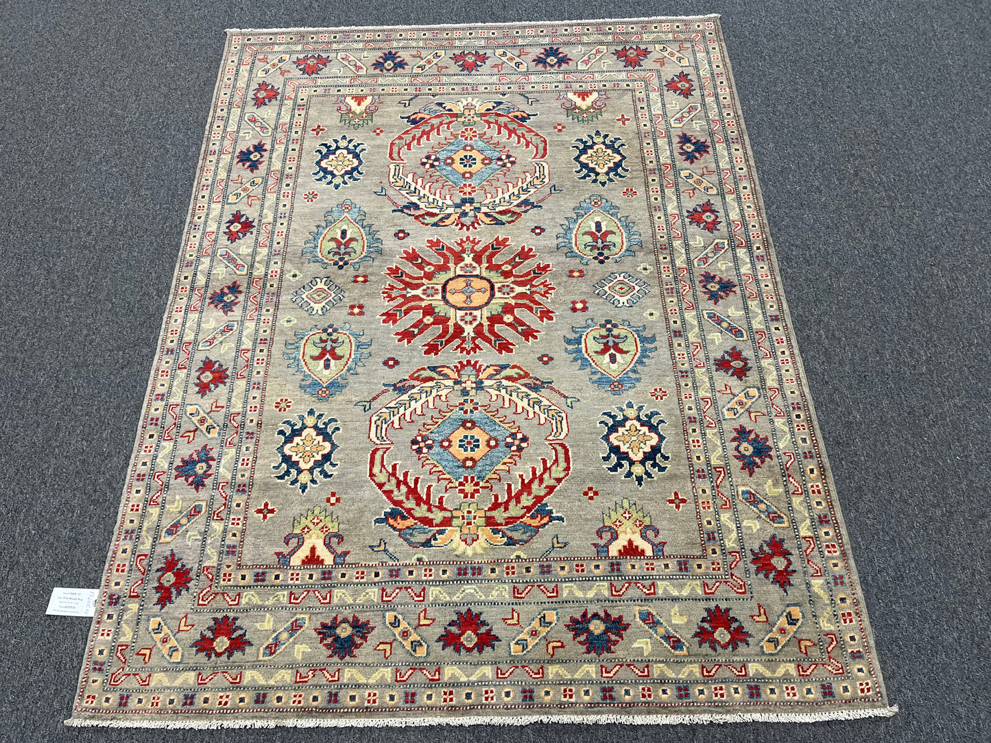 Gray Geometric Kazak 5X7 Handmade Wool Rug # 13608