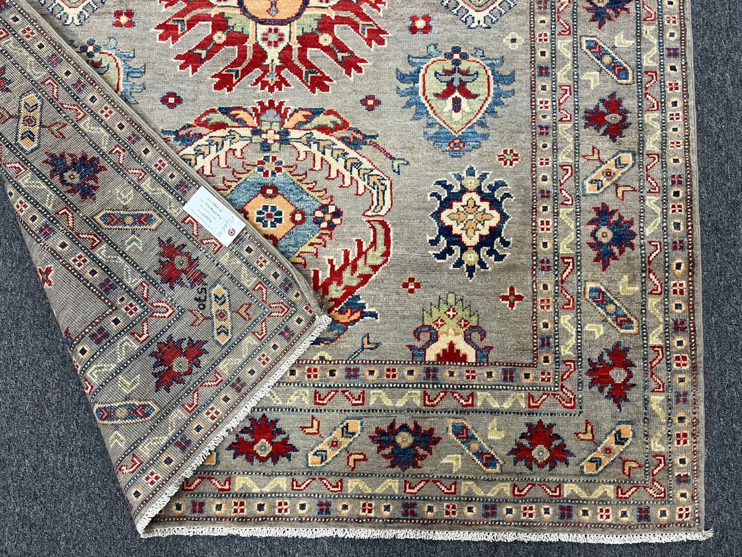 Gray Geometric Kazak 5X7 Handmade Wool Rug # 13608