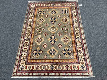 Gray Geometric Kazak 5X7 Handmade Wool Rug # 13609