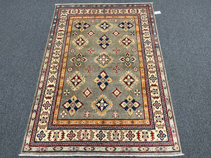 Gray Geometric Kazak 5X7 Handmade Wool Rug # 13609