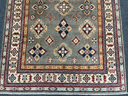 Gray Geometric Kazak 5X7 Handmade Wool Rug # 13609