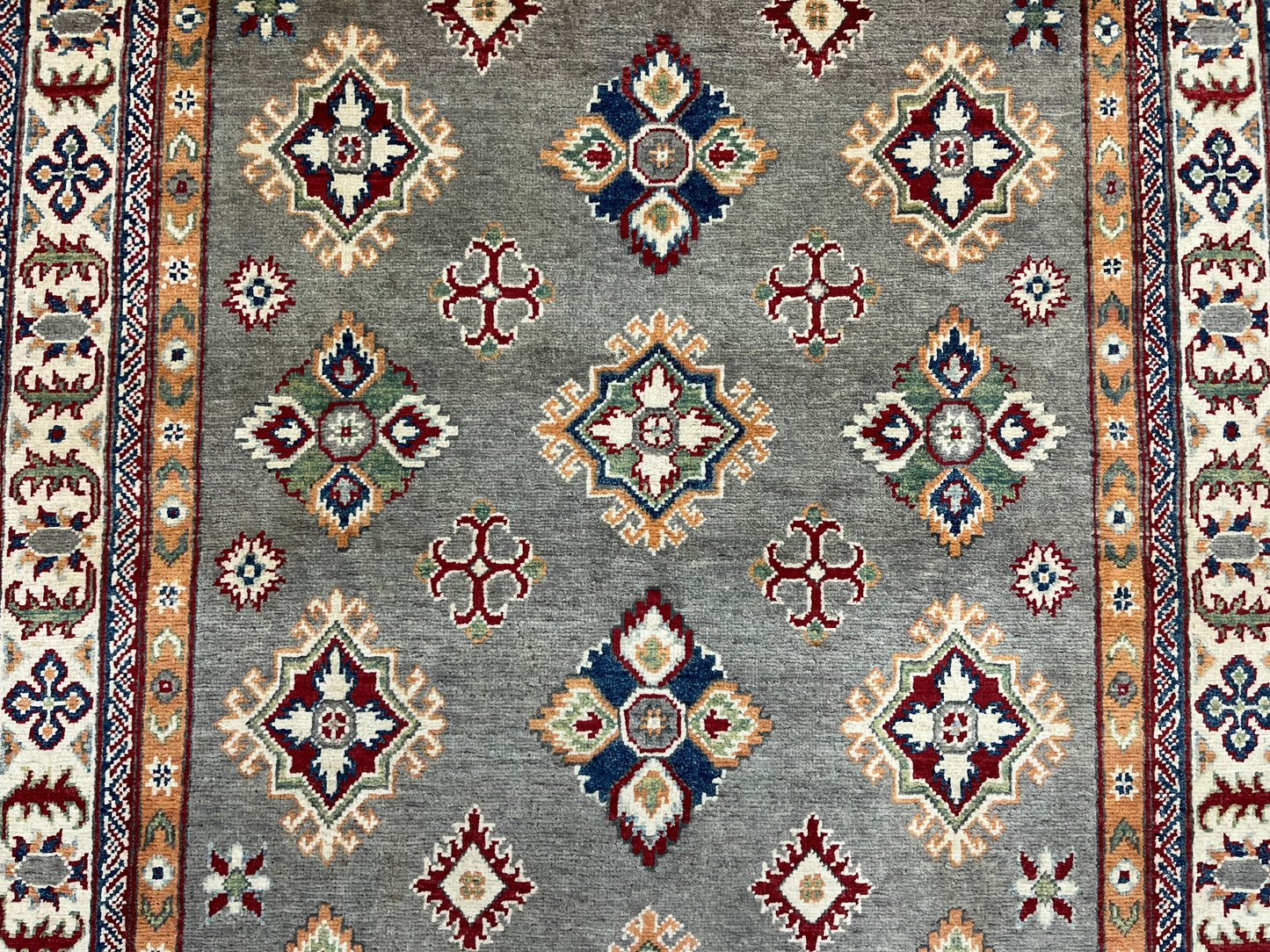 Gray Geometric Kazak 5X7 Handmade Wool Rug # 13609