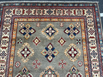 Gray Geometric Kazak 5X7 Handmade Wool Rug # 13609