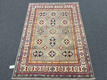 Gray Geometric Kazak 5X7 Handmade Wool Rug # 13609