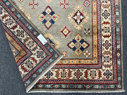 Gray Geometric Kazak 5X7 Handmade Wool Rug # 13609