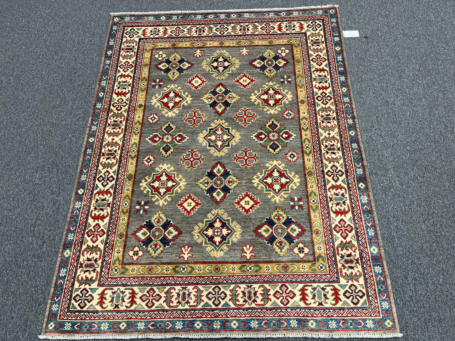 Gray Geometric Kazak 5X7 Handmade Wool Rug # 13825