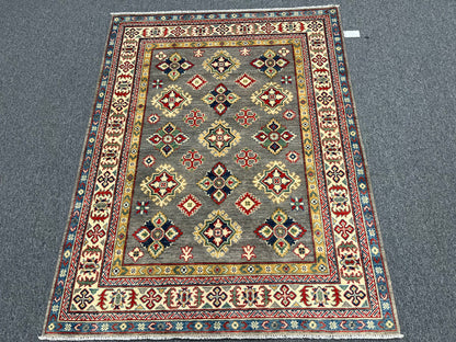 Gray Geometric Kazak 5X7 Handmade Wool Rug # 13825