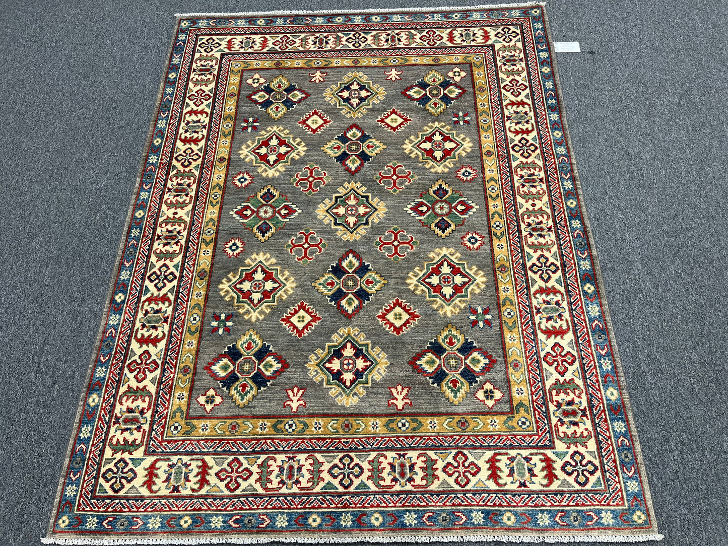 Gray Geometric Kazak 5X7 Handmade Wool Rug # 13825