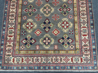 Gray Geometric Kazak 5X7 Handmade Wool Rug # 13825