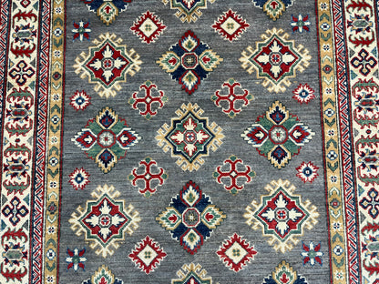 Gray Geometric Kazak 5X7 Handmade Wool Rug # 13825